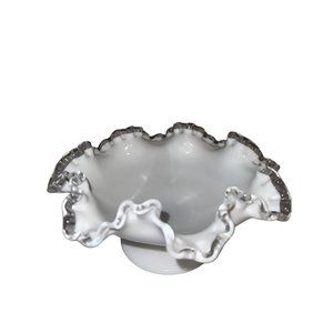 Fenton Silver Crest Milk Glass Bowl Dish 8”X4” Pedestaled Ruffled Vintage